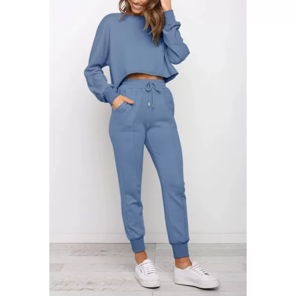 ZESICA Womens Long Sleeve Crop Top and Pants Pajama Sets 2 Piece Jogger Long Sleepwear Loungewear Pjs SetsBlue