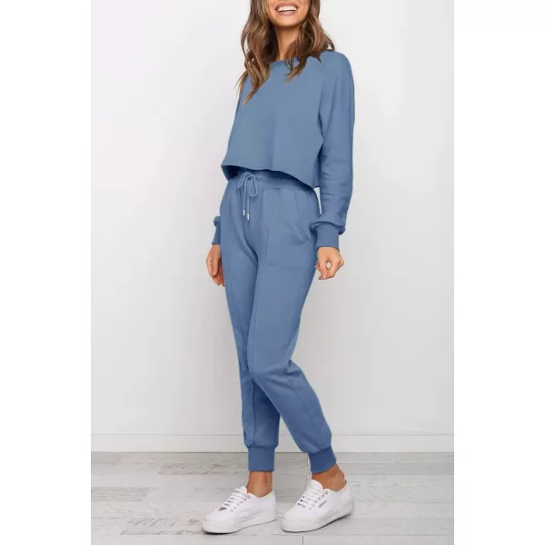 ZESICA Womens Long Sleeve Crop Top and Pants Pajama Sets 2 Piece Jogger Long Sleepwear Loungewear Pjs SetsBlue