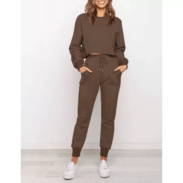 ZESICA Womens Long Sleeve Crop Top and Pants Pajama Sets 2 Piece Jogger Long Sleepwear Loungewear Pjs SetsCoffee