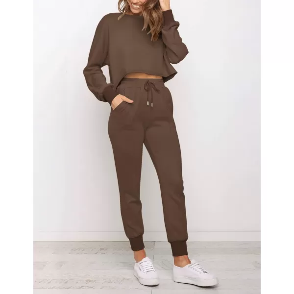 ZESICA Womens Long Sleeve Crop Top and Pants Pajama Sets 2 Piece Jogger Long Sleepwear Loungewear Pjs SetsCoffee