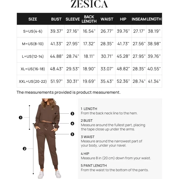 ZESICA Womens Long Sleeve Crop Top and Pants Pajama Sets 2 Piece Jogger Long Sleepwear Loungewear Pjs SetsCoffee