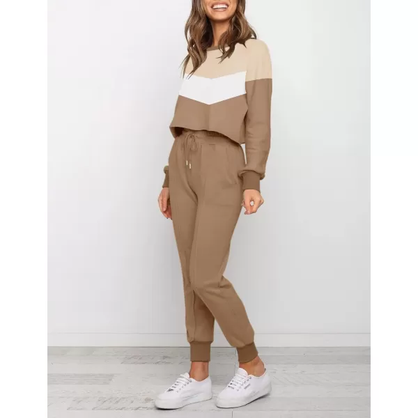 ZESICA Womens Long Sleeve Crop Top and Pants Pajama Sets 2 Piece Jogger Long Sleepwear Loungewear Pjs SetsContrastkhaki