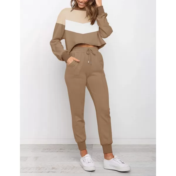 ZESICA Womens Long Sleeve Crop Top and Pants Pajama Sets 2 Piece Jogger Long Sleepwear Loungewear Pjs SetsContrastkhaki