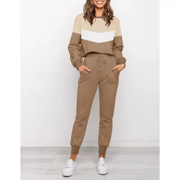 ZESICA Womens Long Sleeve Crop Top and Pants Pajama Sets 2 Piece Jogger Long Sleepwear Loungewear Pjs SetsContrastkhaki