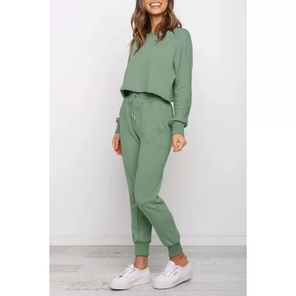 ZESICA Womens Long Sleeve Crop Top and Pants Pajama Sets 2 Piece Jogger Long Sleepwear Loungewear Pjs SetsGreen