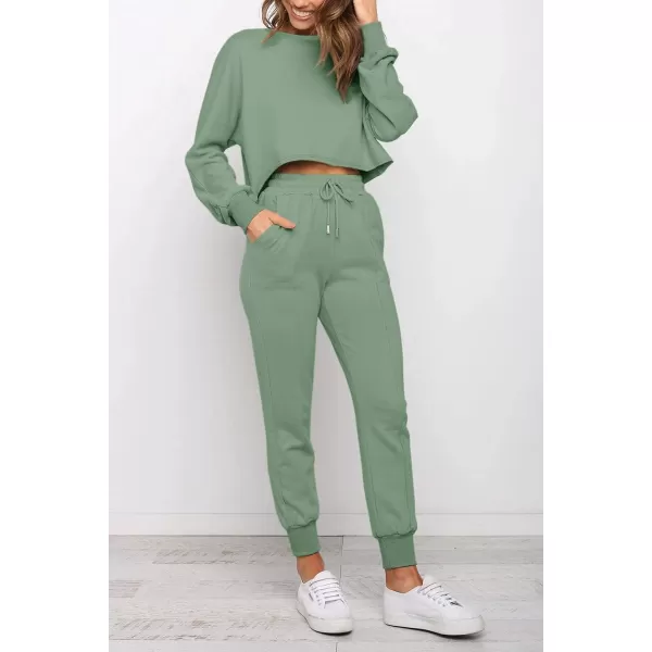 ZESICA Womens Long Sleeve Crop Top and Pants Pajama Sets 2 Piece Jogger Long Sleepwear Loungewear Pjs SetsGreen