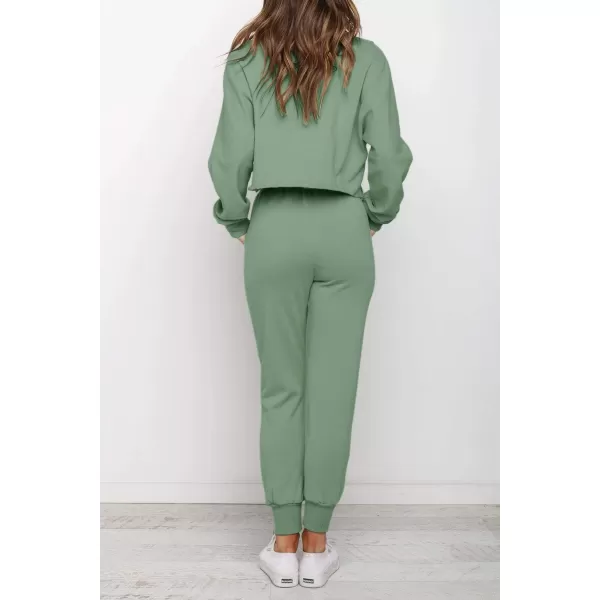 ZESICA Womens Long Sleeve Crop Top and Pants Pajama Sets 2 Piece Jogger Long Sleepwear Loungewear Pjs SetsGreen