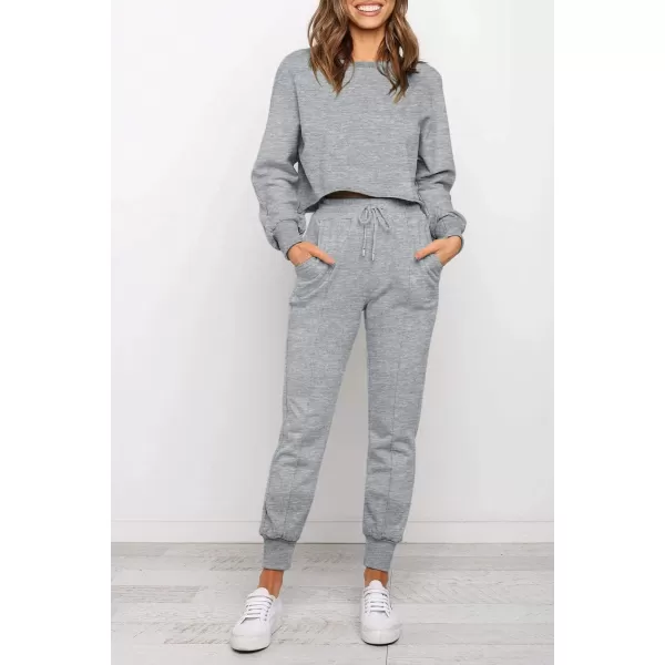 ZESICA Womens Long Sleeve Crop Top and Pants Pajama Sets 2 Piece Jogger Long Sleepwear Loungewear Pjs SetsGrey