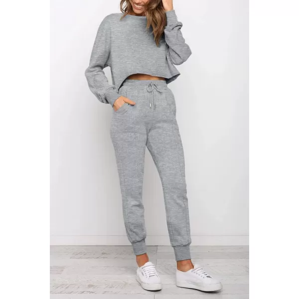 ZESICA Womens Long Sleeve Crop Top and Pants Pajama Sets 2 Piece Jogger Long Sleepwear Loungewear Pjs SetsGrey