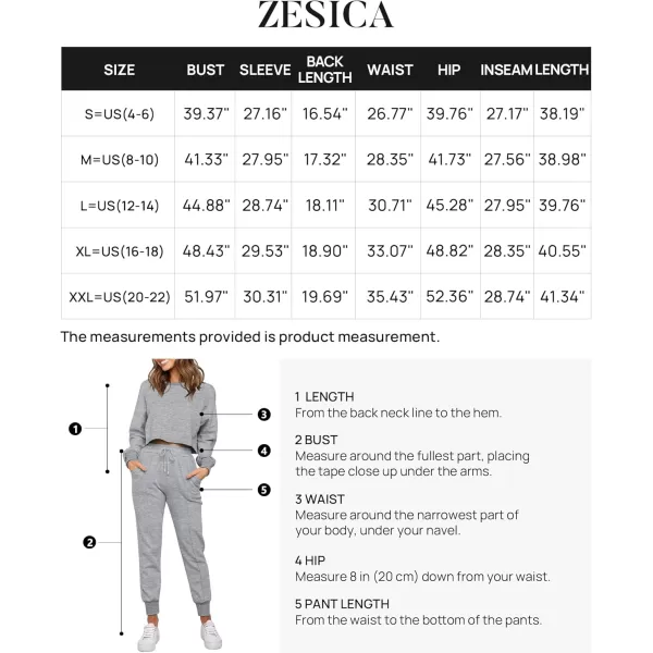 ZESICA Womens Long Sleeve Crop Top and Pants Pajama Sets 2 Piece Jogger Long Sleepwear Loungewear Pjs SetsGrey