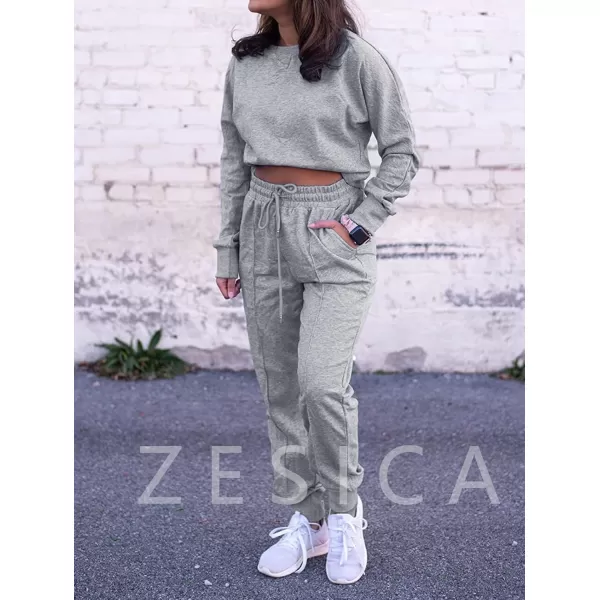 ZESICA Womens Long Sleeve Crop Top and Pants Pajama Sets 2 Piece Jogger Long Sleepwear Loungewear Pjs SetsGrey