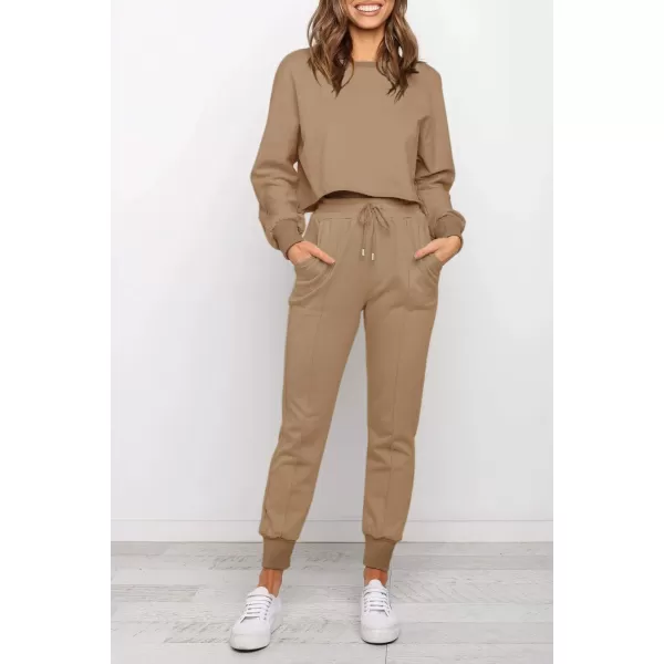 ZESICA Womens Long Sleeve Crop Top and Pants Pajama Sets 2 Piece Jogger Long Sleepwear Loungewear Pjs SetsKhaki