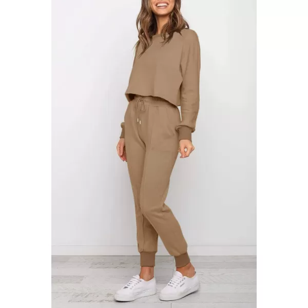 ZESICA Womens Long Sleeve Crop Top and Pants Pajama Sets 2 Piece Jogger Long Sleepwear Loungewear Pjs SetsKhaki