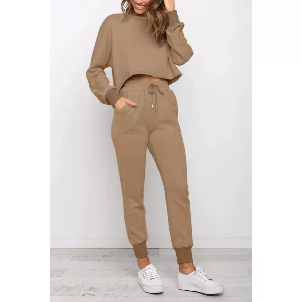ZESICA Womens Long Sleeve Crop Top and Pants Pajama Sets 2 Piece Jogger Long Sleepwear Loungewear Pjs SetsKhaki