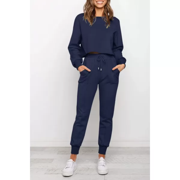 ZESICA Womens Long Sleeve Crop Top and Pants Pajama Sets 2 Piece Jogger Long Sleepwear Loungewear Pjs SetsNavy