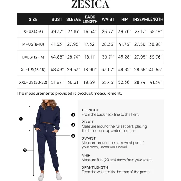ZESICA Womens Long Sleeve Crop Top and Pants Pajama Sets 2 Piece Jogger Long Sleepwear Loungewear Pjs SetsNavy