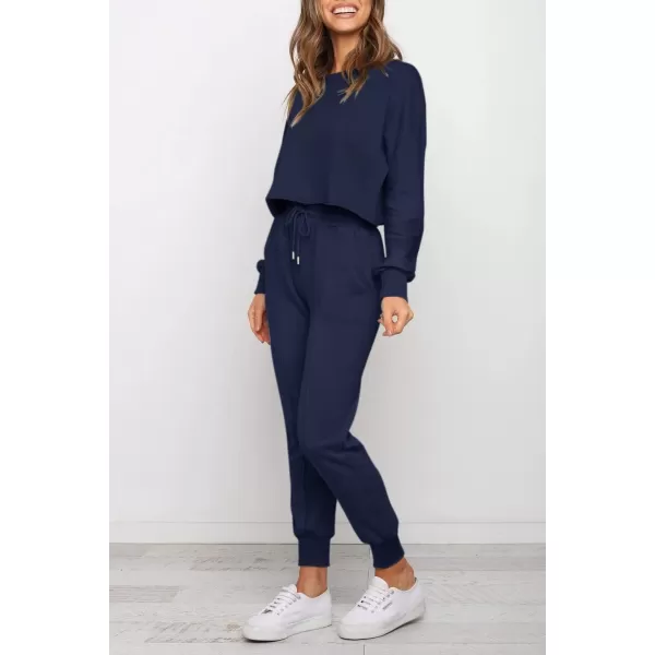 ZESICA Womens Long Sleeve Crop Top and Pants Pajama Sets 2 Piece Jogger Long Sleepwear Loungewear Pjs SetsNavy