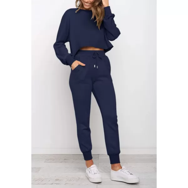 ZESICA Womens Long Sleeve Crop Top and Pants Pajama Sets 2 Piece Jogger Long Sleepwear Loungewear Pjs SetsNavy