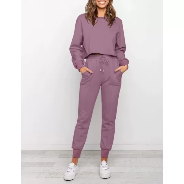ZESICA Womens Long Sleeve Crop Top and Pants Pajama Sets 2 Piece Jogger Long Sleepwear Loungewear Pjs SetsPurple