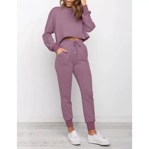 ZESICA Womens Long Sleeve Crop Top and Pants Pajama Sets 2 Piece Jogger Long Sleepwear Loungewear Pjs SetsPurple