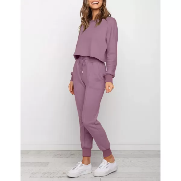 ZESICA Womens Long Sleeve Crop Top and Pants Pajama Sets 2 Piece Jogger Long Sleepwear Loungewear Pjs SetsPurple
