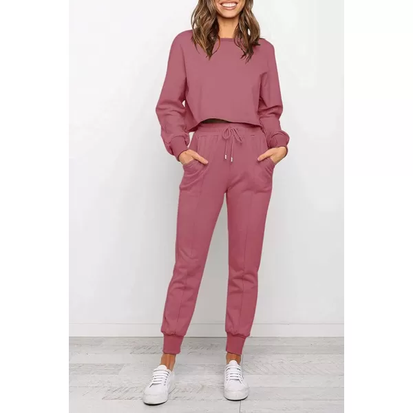 ZESICA Womens Long Sleeve Crop Top and Pants Pajama Sets 2 Piece Jogger Long Sleepwear Loungewear Pjs SetsRosy