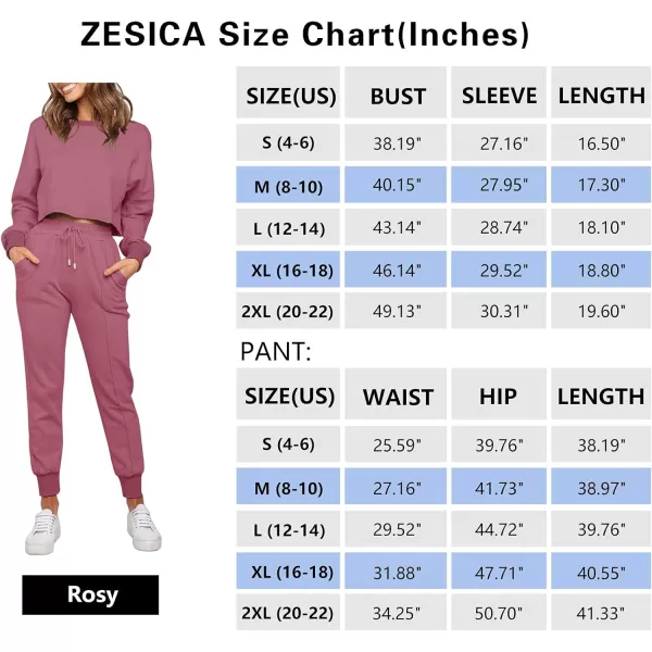 ZESICA Womens Long Sleeve Crop Top and Pants Pajama Sets 2 Piece Jogger Long Sleepwear Loungewear Pjs SetsRosy