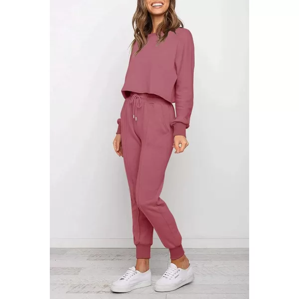 ZESICA Womens Long Sleeve Crop Top and Pants Pajama Sets 2 Piece Jogger Long Sleepwear Loungewear Pjs SetsRosy