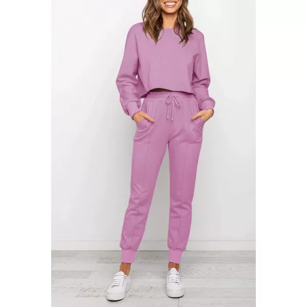 ZESICA Womens Long Sleeve Crop Top and Pants Pajama Sets 2 Piece Jogger Long Sleepwear Loungewear Pjs SetsRosypurple