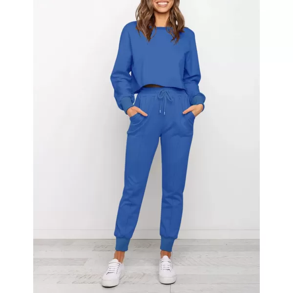 ZESICA Womens Long Sleeve Crop Top and Pants Pajama Sets 2 Piece Jogger Long Sleepwear Loungewear Pjs SetsRoyalblue