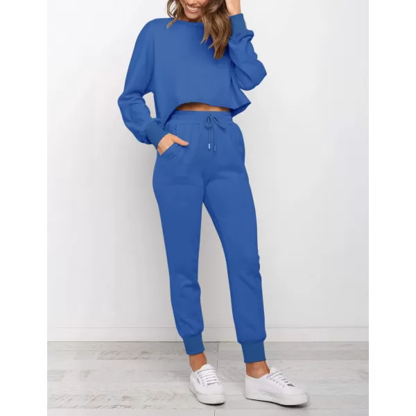 ZESICA Womens Long Sleeve Crop Top and Pants Pajama Sets 2 Piece Jogger Long Sleepwear Loungewear Pjs SetsRoyalblue