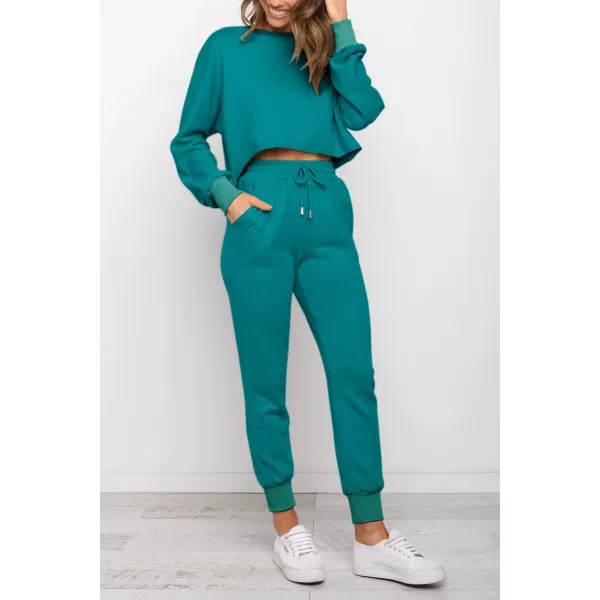 ZESICA Womens Long Sleeve Crop Top and Pants Pajama Sets 2 Piece Jogger Long Sleepwear Loungewear Pjs SetsTeal