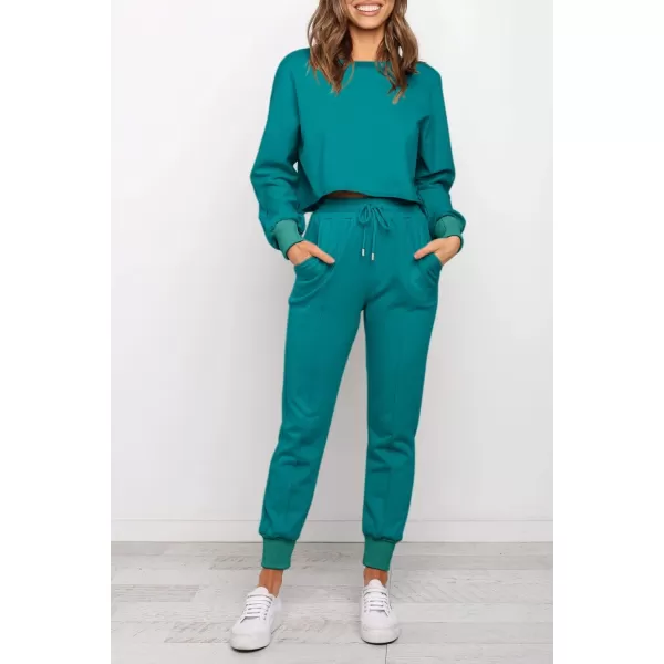 ZESICA Womens Long Sleeve Crop Top and Pants Pajama Sets 2 Piece Jogger Long Sleepwear Loungewear Pjs SetsTeal