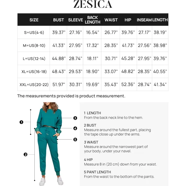 ZESICA Womens Long Sleeve Crop Top and Pants Pajama Sets 2 Piece Jogger Long Sleepwear Loungewear Pjs SetsTeal