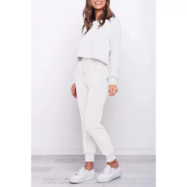 ZESICA Womens Long Sleeve Crop Top and Pants Pajama Sets 2 Piece Jogger Long Sleepwear Loungewear Pjs SetsWhite