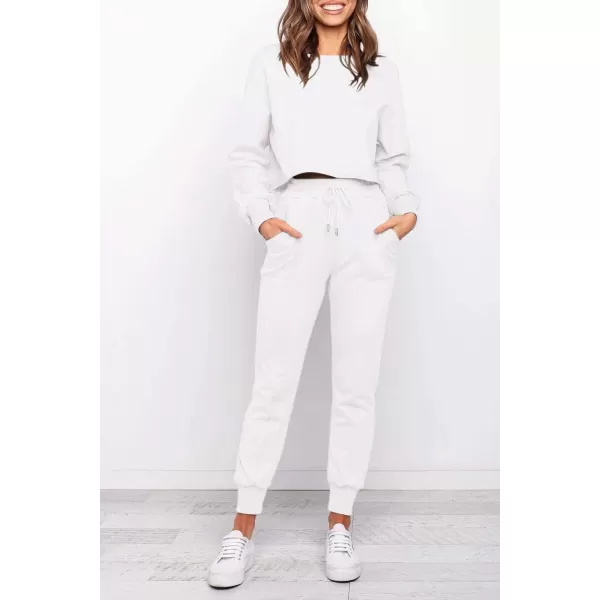 ZESICA Womens Long Sleeve Crop Top and Pants Pajama Sets 2 Piece Jogger Long Sleepwear Loungewear Pjs SetsWhite