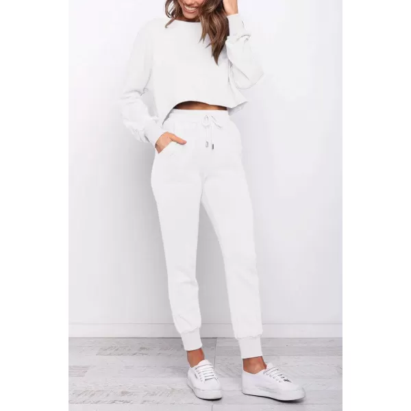 ZESICA Womens Long Sleeve Crop Top and Pants Pajama Sets 2 Piece Jogger Long Sleepwear Loungewear Pjs SetsWhite