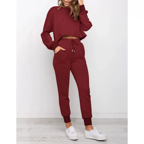 ZESICA Womens Long Sleeve Crop Top and Pants Pajama Sets 2 Piece Jogger Long Sleepwear Loungewear Pjs SetsWine