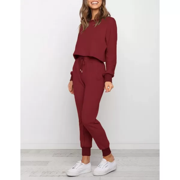 ZESICA Womens Long Sleeve Crop Top and Pants Pajama Sets 2 Piece Jogger Long Sleepwear Loungewear Pjs SetsWine