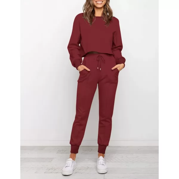ZESICA Womens Long Sleeve Crop Top and Pants Pajama Sets 2 Piece Jogger Long Sleepwear Loungewear Pjs SetsWine