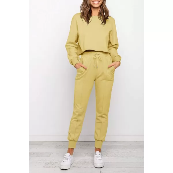 ZESICA Womens Long Sleeve Crop Top and Pants Pajama Sets 2 Piece Jogger Long Sleepwear Loungewear Pjs SetsYellow
