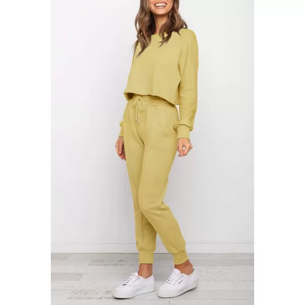 ZESICA Womens Long Sleeve Crop Top and Pants Pajama Sets 2 Piece Jogger Long Sleepwear Loungewear Pjs SetsYellow