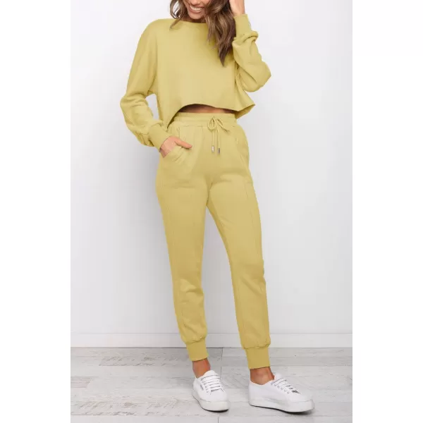ZESICA Womens Long Sleeve Crop Top and Pants Pajama Sets 2 Piece Jogger Long Sleepwear Loungewear Pjs SetsYellow