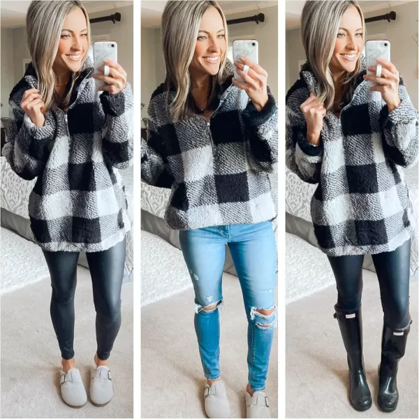 ZESICA Womens Plaid Long Sleeve Zipper Sherpa Fleece Sweatshirt Pullover Jacket Coat with PocketsBlack