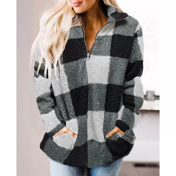 ZESICA Womens Plaid Long Sleeve Zipper Sherpa Fleece Sweatshirt Pullover Jacket Coat with PocketsBlack