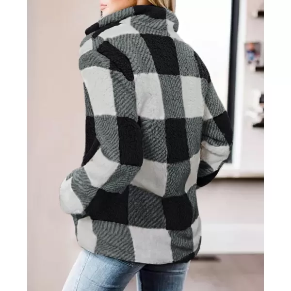 ZESICA Womens Plaid Long Sleeve Zipper Sherpa Fleece Sweatshirt Pullover Jacket Coat with PocketsBlack