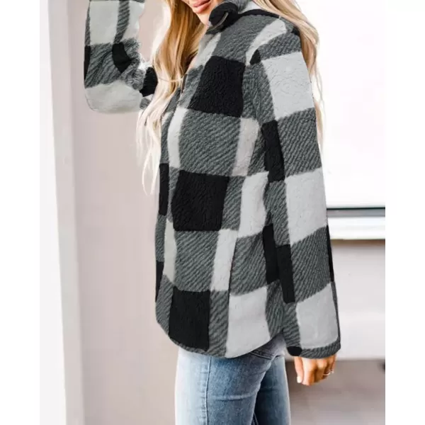 ZESICA Womens Plaid Long Sleeve Zipper Sherpa Fleece Sweatshirt Pullover Jacket Coat with PocketsBlack
