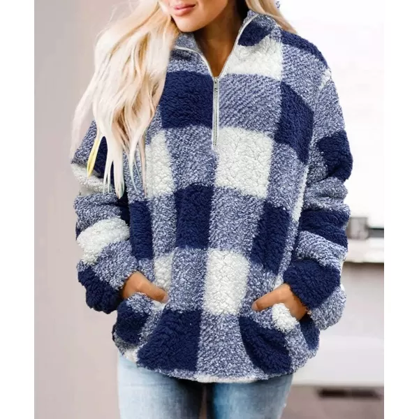 ZESICA Womens Plaid Long Sleeve Zipper Sherpa Fleece Sweatshirt Pullover Jacket Coat with PocketsBlue
