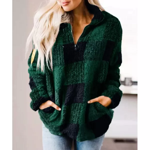 ZESICA Womens Plaid Long Sleeve Zipper Sherpa Fleece Sweatshirt Pullover Jacket Coat with PocketsGreen