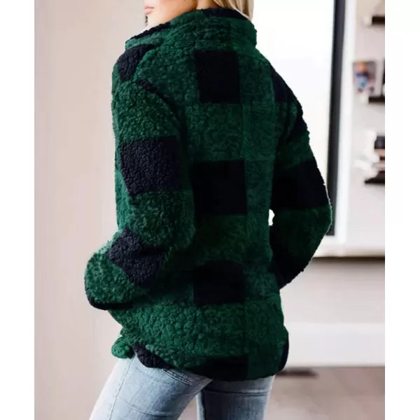 ZESICA Womens Plaid Long Sleeve Zipper Sherpa Fleece Sweatshirt Pullover Jacket Coat with PocketsGreen